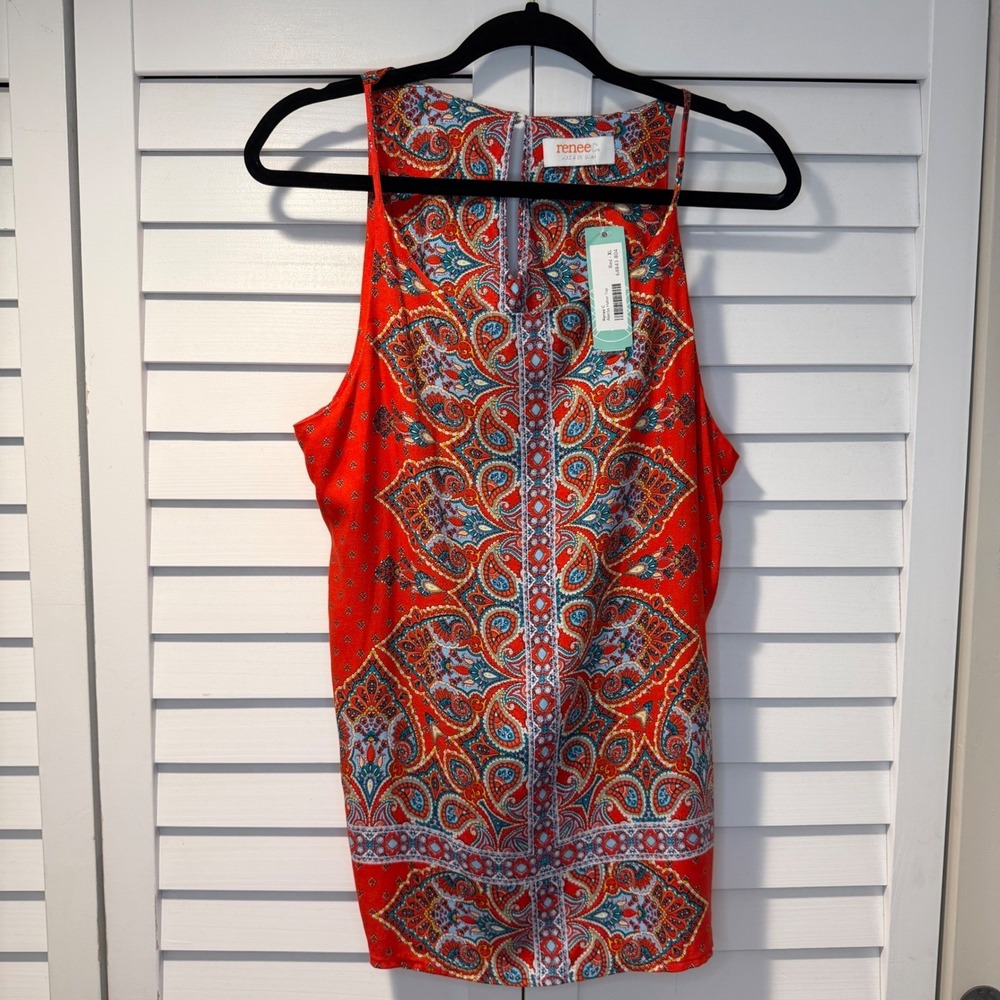 Renee C Alecto Halter Top Red Paisley Medallion Print Rayon Tank XL NEW